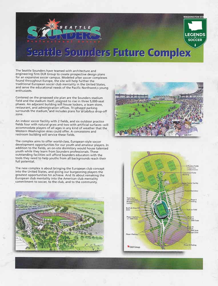 In 2001, Sounders ownership envisioned construction of a suburban soccer-specific stadium with a surrounding youth complex. Among the locations considered were Fife and Kent. (Frank MacDonald Collection)