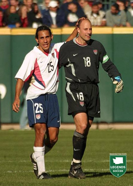 England-based Kasey Keller returns home to captain the U.S. National Team's friendly versus Honduras, the first soccer match held at Safeco Field. Keller, shown with Pablo Mastroeni, got a clean sheet in the 4-0 win. (Courtesy J. Brett Whitesell / ISI Photos)