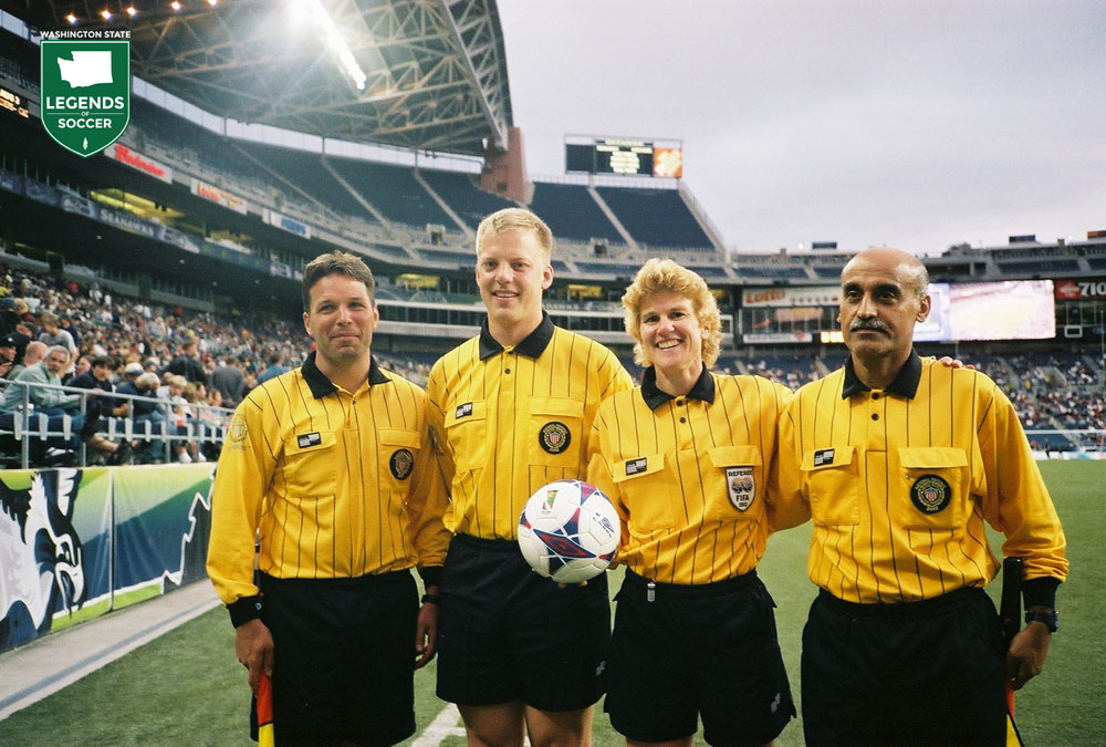 Referee Sandra Hunt and her crew of Mohammed Zarrabi-Kashani, Mac Pinski and Kevin Boisen worked the inaugural Sounders match in Seahawks Stadium. (Courtesy Sandra Hunt)