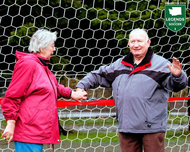 Helga (l) and Karl Grosch attend the dedication of Federal Way's Karl Grosch Field in 2003. (Courtesy Washington Youth Soccer)