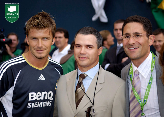Real Madrid's David Beckham poses with Sounders owners and match promoters Rick Cantu (center) and Adrian Hanauer prior to the Qwest Field friendly vs. D.C. United. See the back story in the 2006 Year in Review. (Courtesy Rick Cantu)