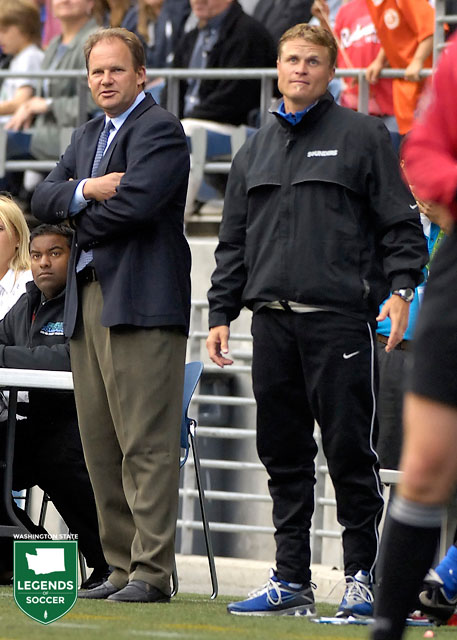 Sounders head coach Brian Schmetzer (left) and assistant Darren Sawatzky guided Seattle to the Commissioners' Shield and USL Championship double in 2007. (Courtesy USL)