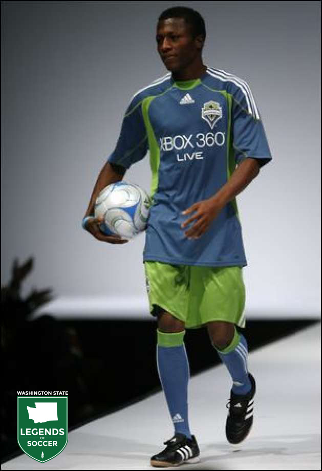 Sanna Nyassi wears the Sounders second kit at the jersey unveiling event at WaMu Theater. (Courtesy Seattle P-I)