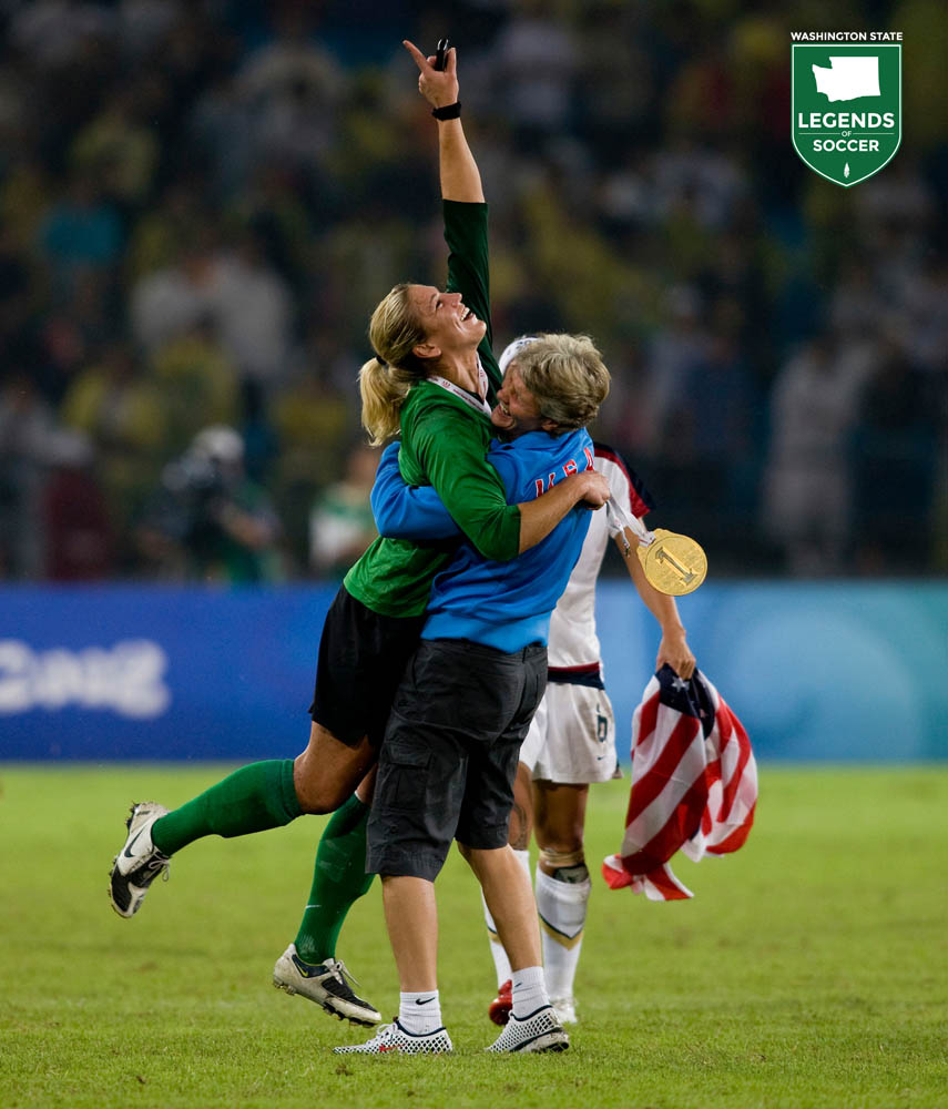 Hope Solo jumps into the arms of USWNT coach Pia Sundhage after winning Olympic gold in Beijing. (Courtesy Brad Smith / ISI Photos)