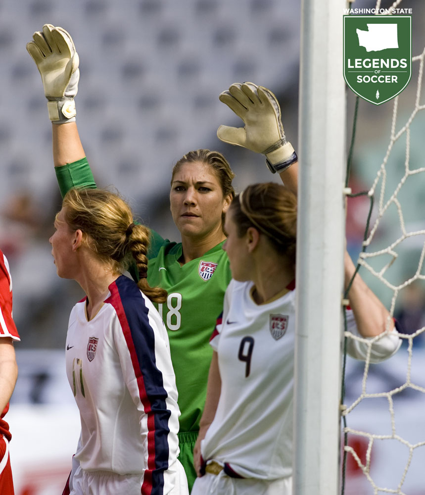 Hope Solo takes position in the USWNT goalmouth versus Canada at Guangzhou, China. Solo and the U.S. won the Four Nations Tournament match, 4-0. (Courtesy Brad Smith / ISI Photos)