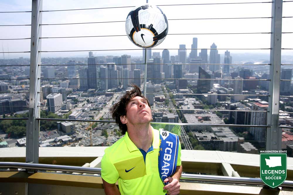 Barcelona's Lionel Messi juggles a ball at the top of the Space Needle prior to the Sounders FC friendly. (Sounders FC photo)