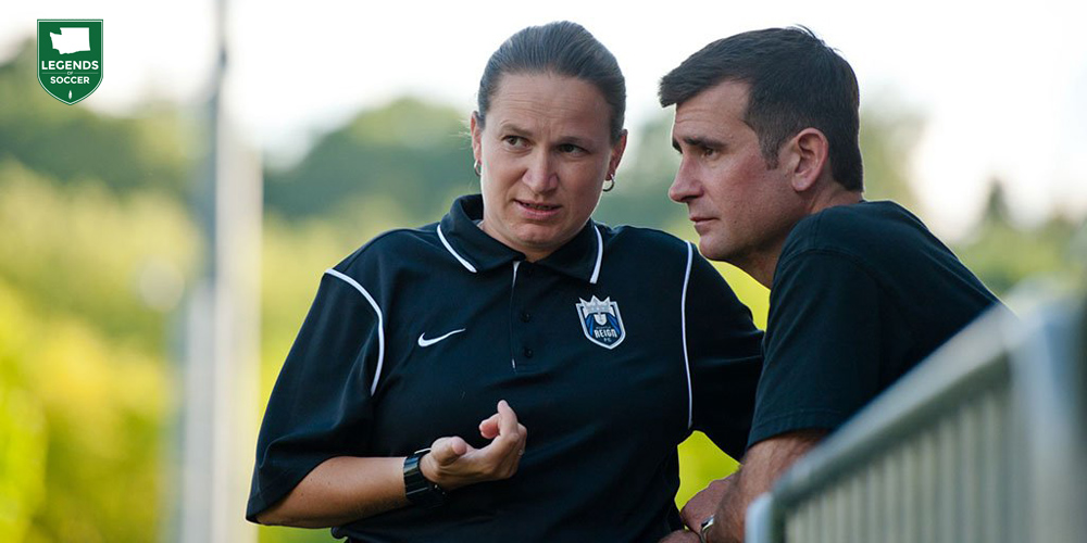 Laura Harvey, formerly of Arsenal Ladies, was hired to coach Seattle  Reign by owner Bill Predmore (r) soon after the club formed in 2012. (Courtesy Reign FC)
