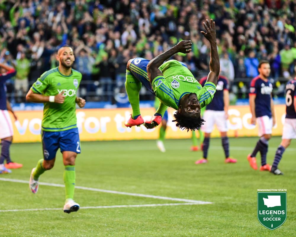 Obafemi Martins brought his trademark somersault celebration to Seattle in 2013. (Courtesy Sounders FC)