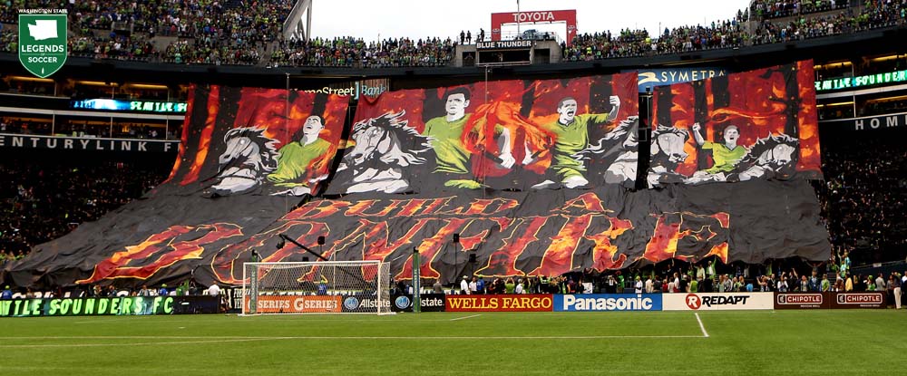 The Brougham End was alight with a bonfire tifo prior to the 2013 Sounders-Timbers rivalry match (Courtesy Sounders FC)