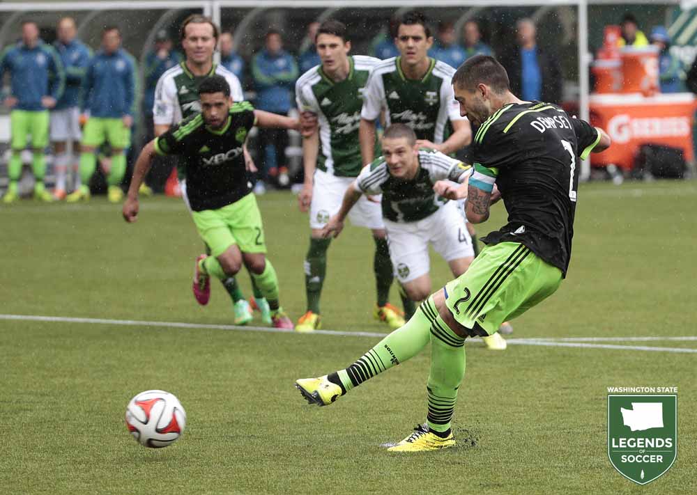 Clint Dempsey connects on a penalty kick as part of his hat trick in rally to draw at Portland. (Sounders FC photo)