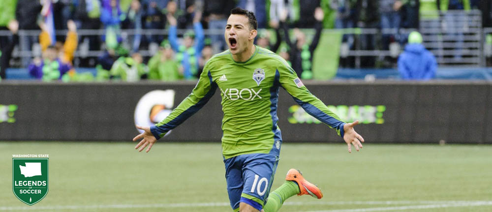 Marco Pappa celebrates scoring to clinch the Supporters' Shield for Sounders FC vs. the Galaxy. (Sounders FC photo)