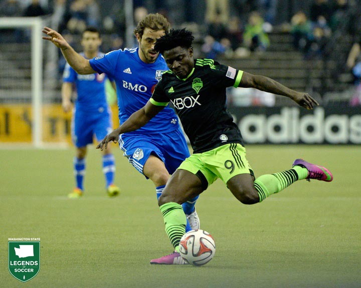 Obafemi Martins is a sensation crowd pleaser, scoring 17 goals as Sounders FC achieves the double of a Supporters' Shield and U.S. Open Cup. (Sounders FC photo)