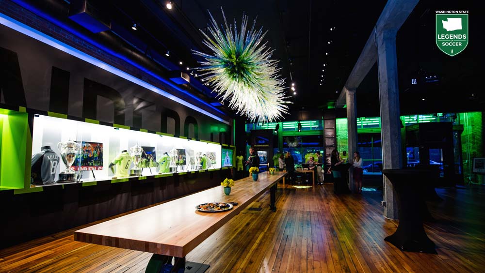 Sounders FC opened The NINETY in 2015. It features all the club's championship trophies, meeting space, a stage, big screen, and a Dale Chihuly chandelier. (Courtesy Sounders FC)