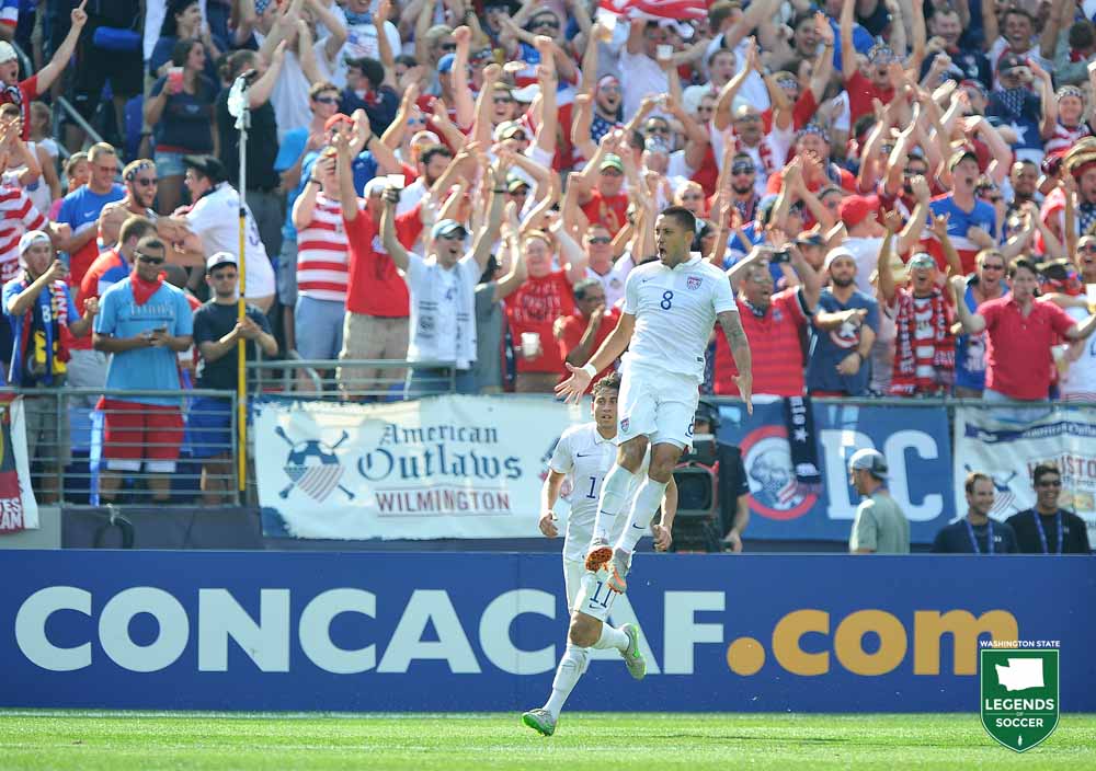 Clint Dempsey leaps in celebration after scoring for the U.S. vs. Cuba in the 2015 Gold Cup. (Courtesy Jose L. Argueta/ISI Photos)
