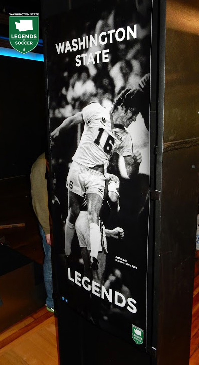 A banner depicting Jeff Stock in the Washington State Legends of Soccer exhibit at The NINETY. (Courtesy WA Legends/Leann Johnson)