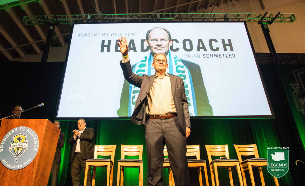 Brian Schmetzer is formally introduced as Sounders head coach at the Alliance Annual Business Meeting at CenturyLink Field. (Courtesy Sounders FC)