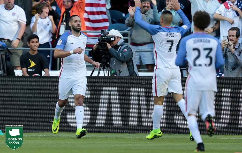 Clint Dempsey is congratulated after scoring the opening U.S. goal in the Copa América Centenario quarterfinal vs Ecuador at CenturyLink Field. Dempsey also assisted on the second goal. (Courtesy John Dorton / ISI Photos).