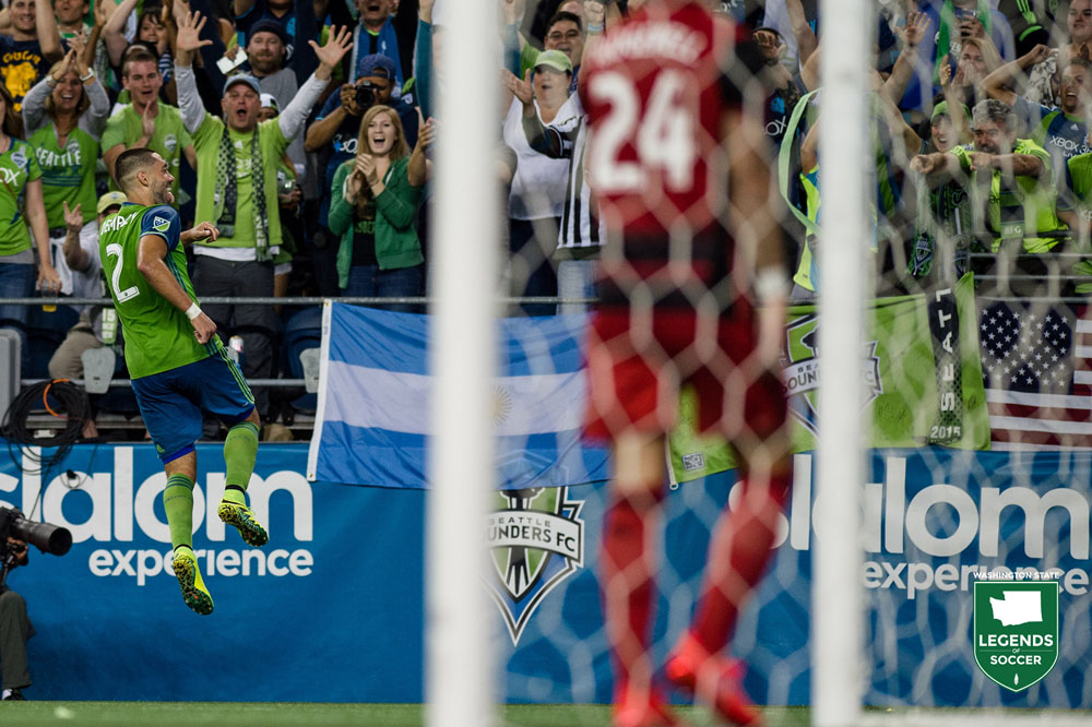 Clint Dempsey celebrates another of his Sounders goals. (Courtesy Sounders FC)