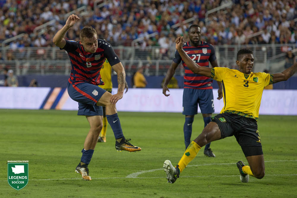Jordan Morris scored in the winner in the 88th minute to secure a 2-1 U.S. victory over Jamaica in the CONCACAF Gold Cup Final at Santa Clara, Calif. (Courtesy John Todd / ISI Photos)