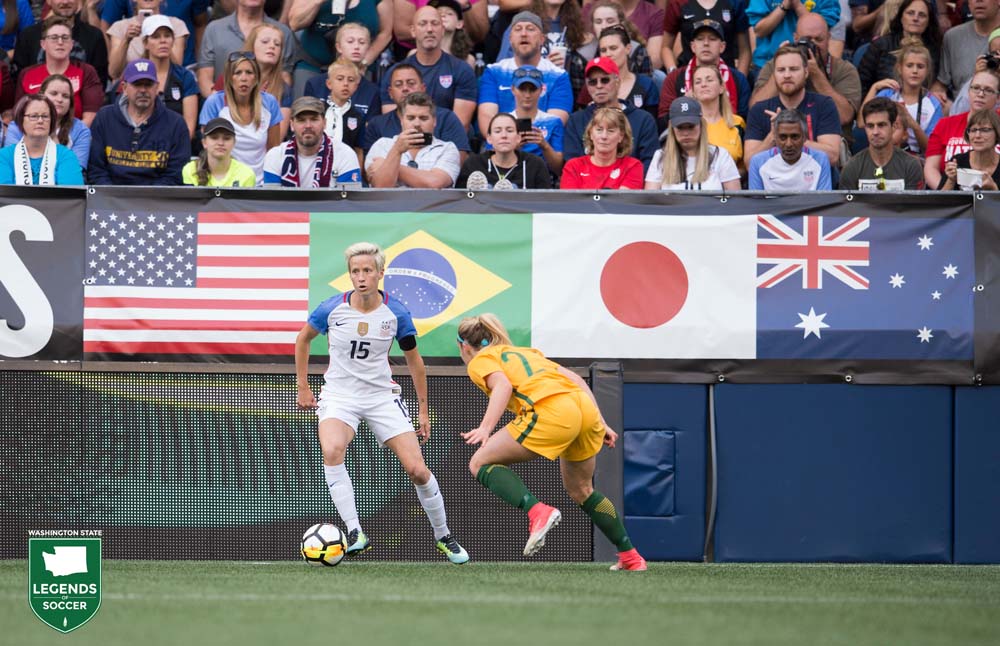 Megan Rapinoe of the United States takes on Australia's Ellie Carpenter in a Tournament of Nations match at Seattle's CenturyLink Field. The Aussies upset the USWNT, 1-0. (Courtesy Brad Smith / ISI Photos)