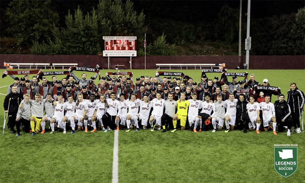 Seattle Pacific marked the 50th anniversary of starting the men's program by inviting back alumni. Coincidentally, the Falcons won that night, 5-0 over Hawaii Hilo. (Courtesy Seattle Pacific Athletics)