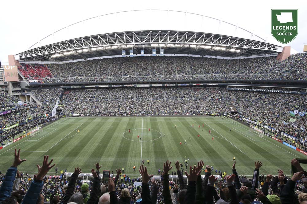 A record crowd of 69,274 celebrates the final whistle of the Sounders' 3-1 MLS Cup victory over Toronto at CenturyLink Field. (Courtesy Sounders FC)