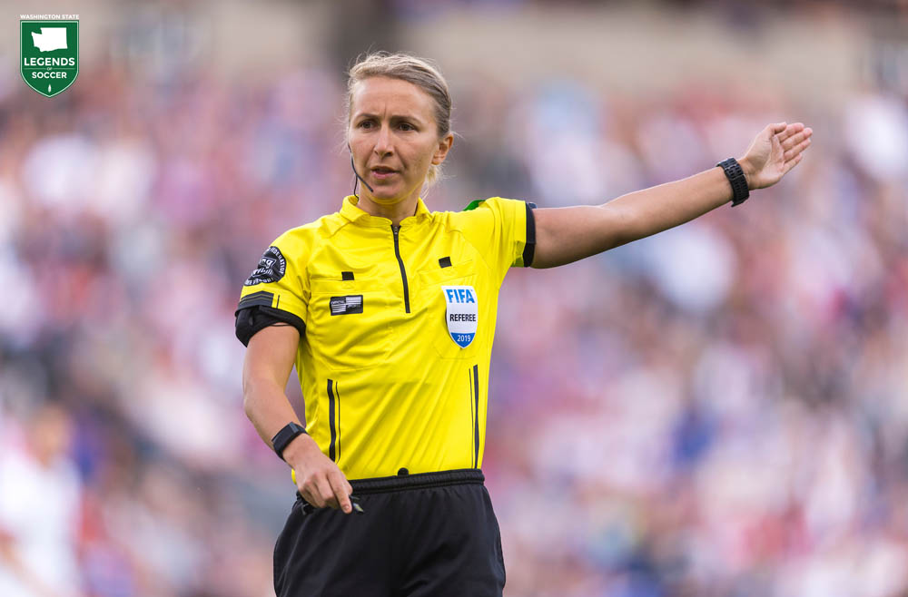 Seattle's Katja Koroleva, shown refereeing a 2019 friendly between the USA and Belgium, was chosen as a FIFA official for the World Cup in France. (Courtesy Brad Smith / ISI Photos)