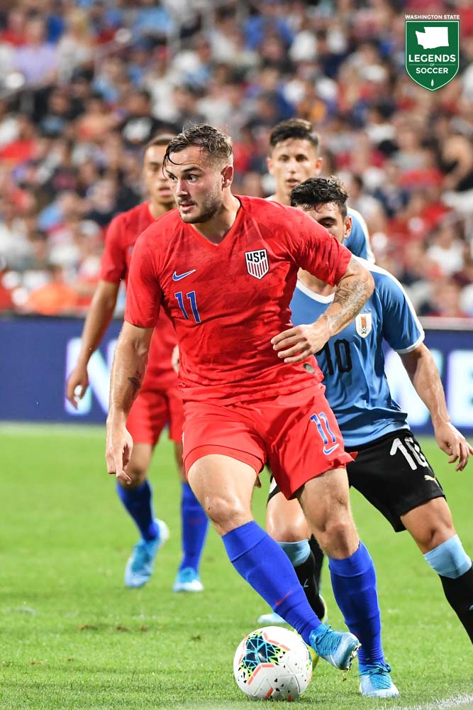 Jordan Morris scored a late equalizer for the U.S. in a 1-1 draw with Uruguay at St. Louis in 2019. (Courtesy Bill Barrett / ISI Photos)