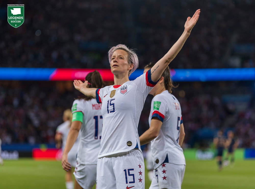 Megan Rapinoe strikes her iconic pose after scoring in the USWNT's 2-1 World Cup quarterfinal victory over host France in Paris. The Reign star scored both goals in the match and six during the tournament. (Courtesy Brad Smith / ISI Photos)