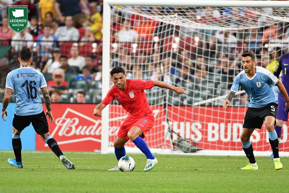 Sounders midfielder Cristian Roldan made 14 appearances for the USMNT in 2019, including a start vs Uruguay in St. Louis. (Courtesy Bill Barrett / ISI Photos)