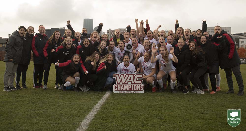 Seattle University, exhilarated by scoring a late equalizer then an overtime winner, celebrates another WAC tournament title and trip to the 2019 NCAA tournament on its own Championship Field. The Redhawks also won the regular season WAC title. (Courtesy Seattle University Athletics)