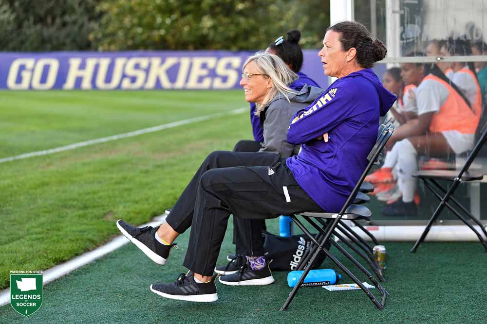 Lesle Gallimore (right) and Amy Griffin finished their run on Montlake in strong fashion. Gallimore, Griffin,  Nikki Washington and Gabriela Quiggle were voted USC Regional Coaching Staff of the Year. Gallimore also earned Pac-12 Coach of the Year in her 26th season with Washington. The Huskies reached the NCAA tournament for a 14th time. (Courtesy Washington Athletics)