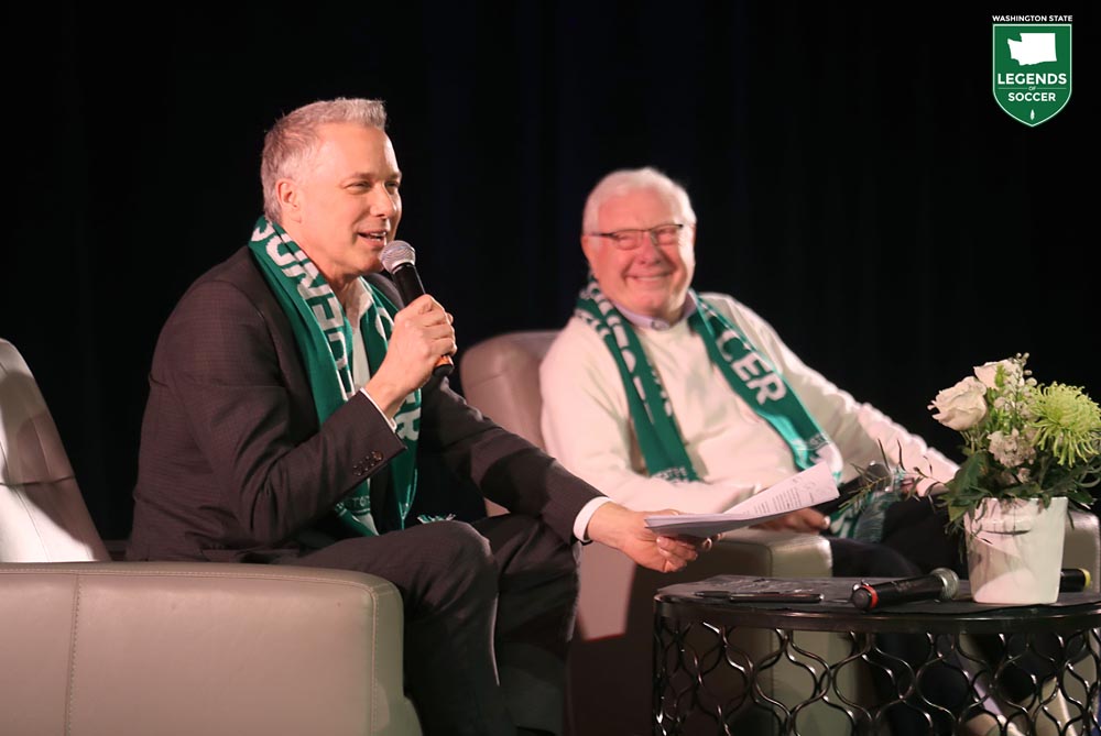 KING 5 News anchor Mark Wright served as master of ceremonies for Washington State Legends of Soccer's A Night with Alan Hinton fundraiser. The Kirkland event raised funds for operations and established a scholarship fund. (Courtesy Corky Trewin / WA Legends)