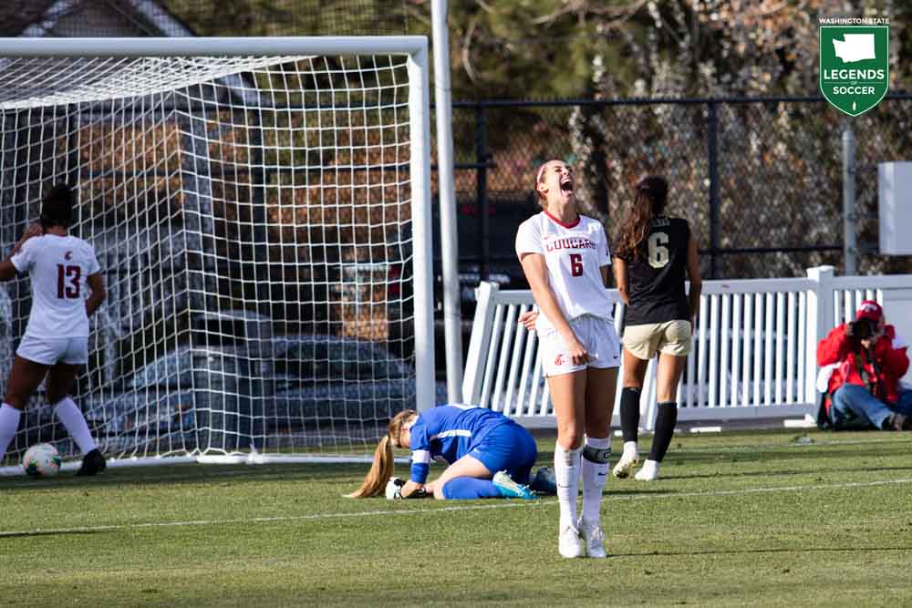 Morgan Weaver celebrates after scoring one of her record-tying four goals on 2019 Senior Day vs Colorado at Washington State's Lower Soccer Field. Weaver finished with 15 goals and was voted All-American. (Courtesy Washington State Athletics)