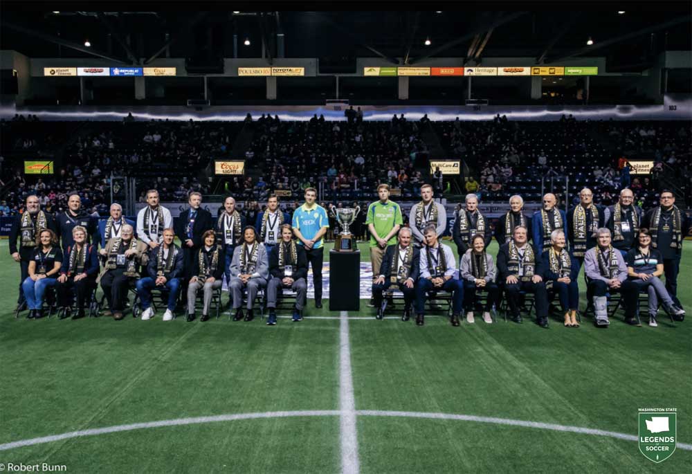 Washington Youth Soccer inducted 30 men and women to its Hall of Fame in 2019 – the largest class to date – prior to a Tacoma Stars game at ShoWare Center. (Courtesy Washington Youth Soccer)