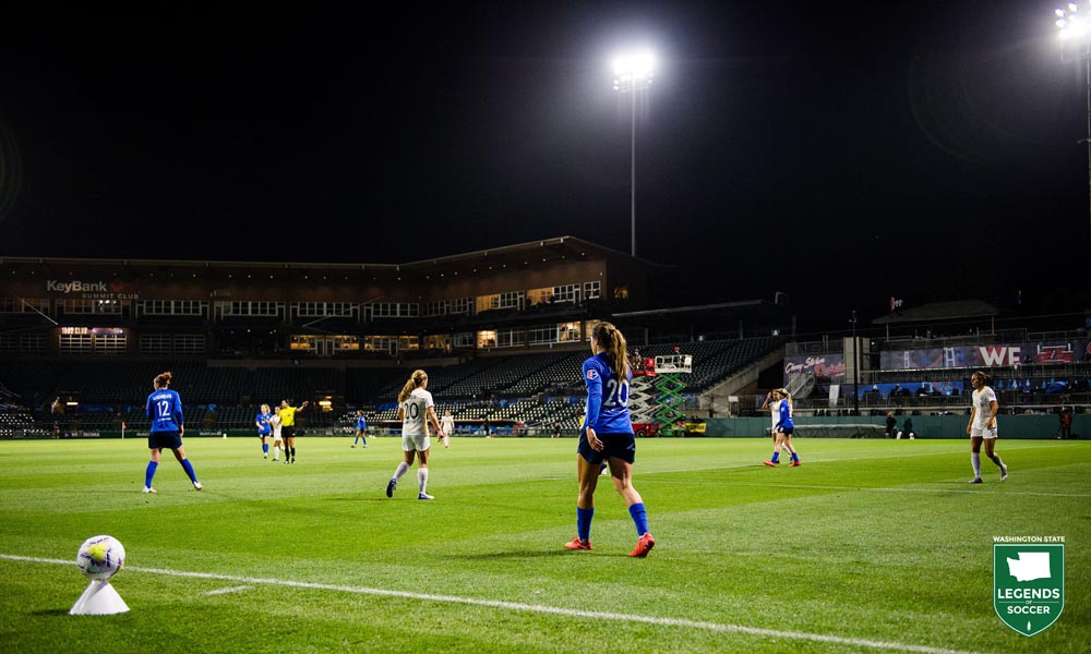OL Reign, shown here vs. Utah, played two home matches in 2020, both without fans, due to COVID health restrictions, at Cheney Stadium. (Courtesy OL Reign)