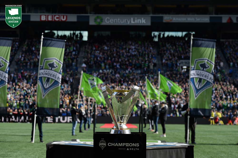 Sounders FC fans celebrated the 2019 MLS Cup title with the presentation of the trophy and the unfurling of the championship banner before 40,126 on March 1, 2020. (Courtesy Charis Wilson/Sounders FC)