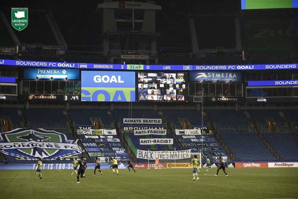 The only presence of Sounders fans at Lumen Field in the final five months of 2020 was virtual as stadiums around MLS were empty due to the COVID-19 pandemic. (Courtesy Lindsey Wasson/Sounders FC)