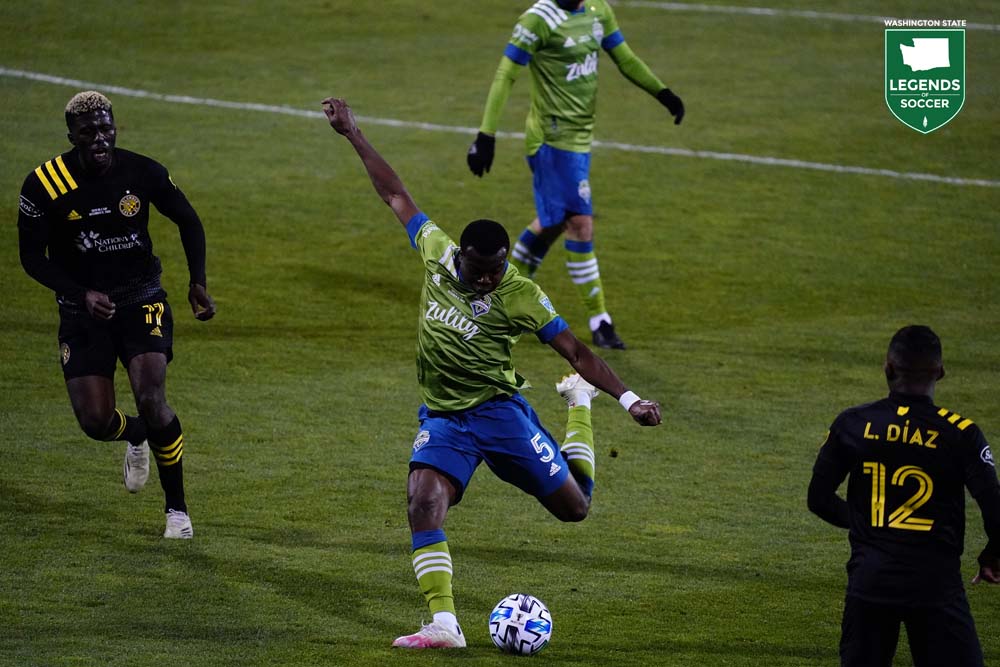 At 23, Nouhou came into his own during the Sounders' 2020 season, starting 23 matches overall. (Mike Fiechtner/Sounders FC)
