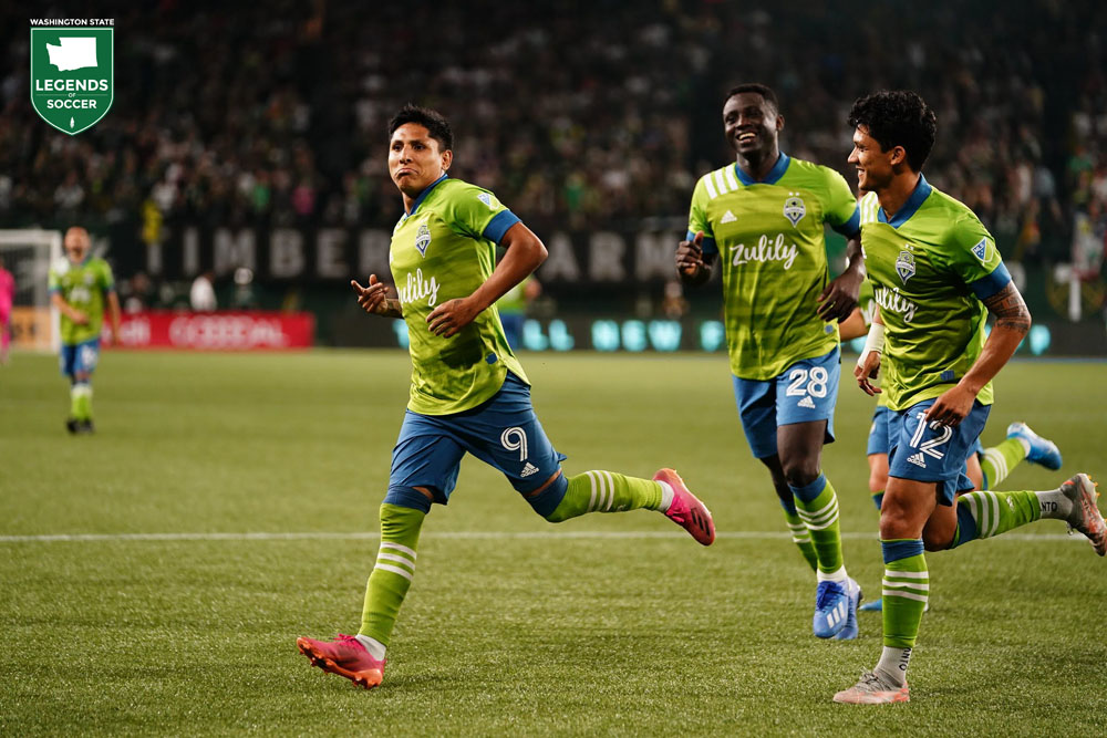 Raul Ruidiaz joined Fredy Montero with two goals in a 6-2 road pummeling of Portland. (Courtesy Sounders FC/Mike Fiechtner)