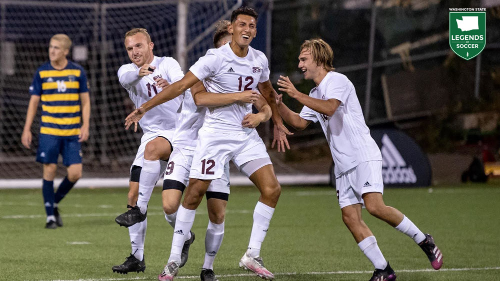 Behind Alex Mejia (12), Seattle Pacific started 10-1-0 and went on to win its first GNAC title since 2015 under interim coach Kevin Sakuda. (Courtesy Melissa Lordahl/Seattle Pacific Athletics)