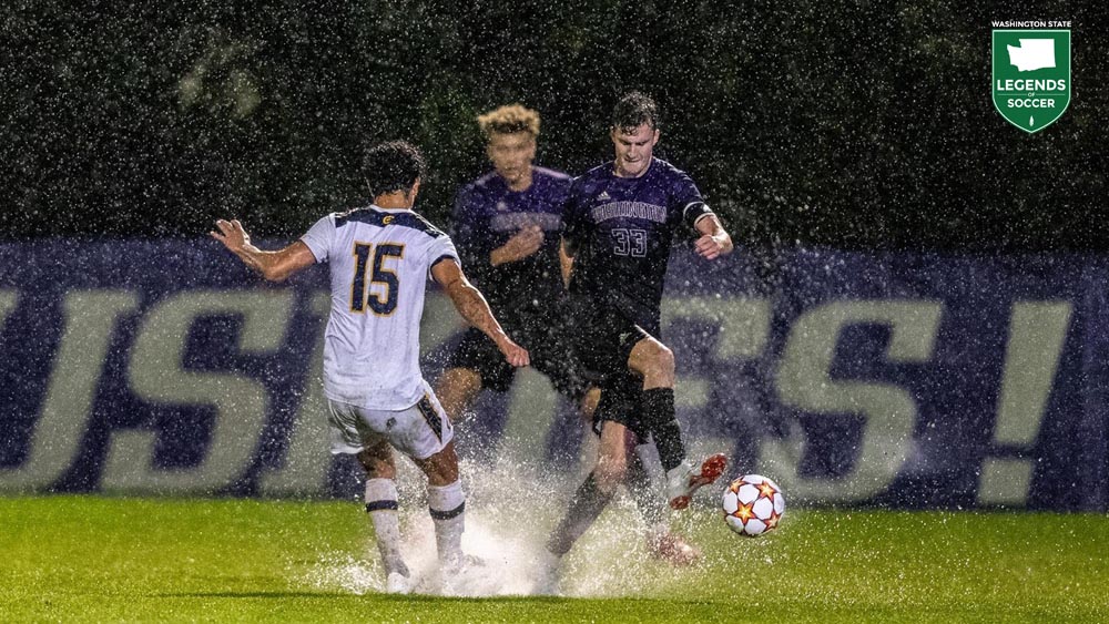 Standing water resulting from torrential rains resulted in an abandoned Washington-California match on Oct. 28, 2021. The referee ruled in the 61st minute that the field was unplayable. (Courtesy University of Washington Athletics)
