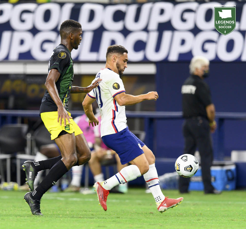 Cristian Roldan assisted on the winning goal as the United States defeated Jamaica, 1-0, to reach the 2021 Gold Cup semifinals in Arlington, Tx. (Courtesy Wilf Thorne/ISI Photos)