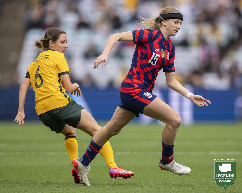After scoring nine goals to lead the club, OL Reign's Bethany Balcer became the first players from an NAIA college (Spring Arbor) program to earn a USWNT cap when she debuted vs. Australia in 2021. (Courtesy Brad Smith/ISI Photos)