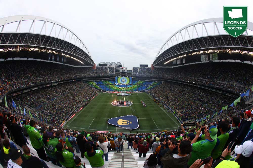 A record throng of 68,741 cheers Sounders and Pumas prior to kickoff of the Concacaf Champions League second leg final at Lumen Field. (Courtesy Dane Kuhn/Sounders FC)