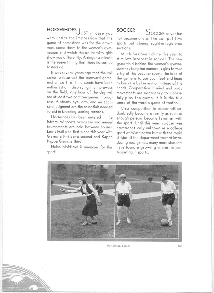 The University of Washington offered coeds instruction in several sports early on, including soccer. (1931 Tyee/UW Libraries)