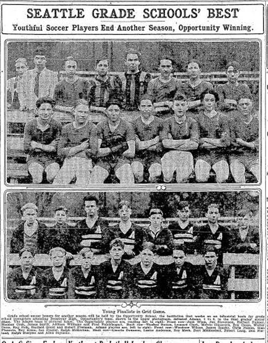 Interscholastic soccer was growing increasingly popular in metropolitan areas such as Seattle during the Twenties. Here pictured are the grammar school finalists, Opportunity (Capitol Hill) and Adams (Ballard). (Courtesy Seattle Times)