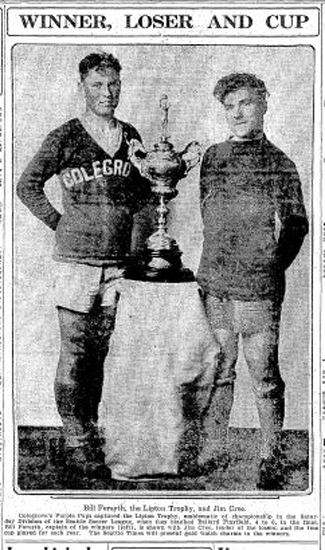 Eight months after being donated by tea magnate Sir Thomas Lipton, the Lipton trophy goes to Colegrove's Purple Pups, 1928 senior youth champions. Seattle restauranteur Clare Colgrove offered complete dinners for 50 cents and lunches starting at 25 cents. (Courtesy Seattle Times)