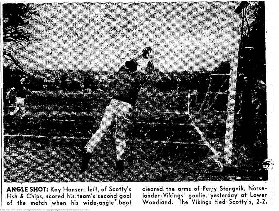Vikings keeper Perry Stangvik was beaten here, but he always had another sport to fall back upon. Stangvik, who starred at Seattle Pacific College from 1949-52, then signed with the Brooklyn Dodgers organization. (Courtesy Seattle Times)