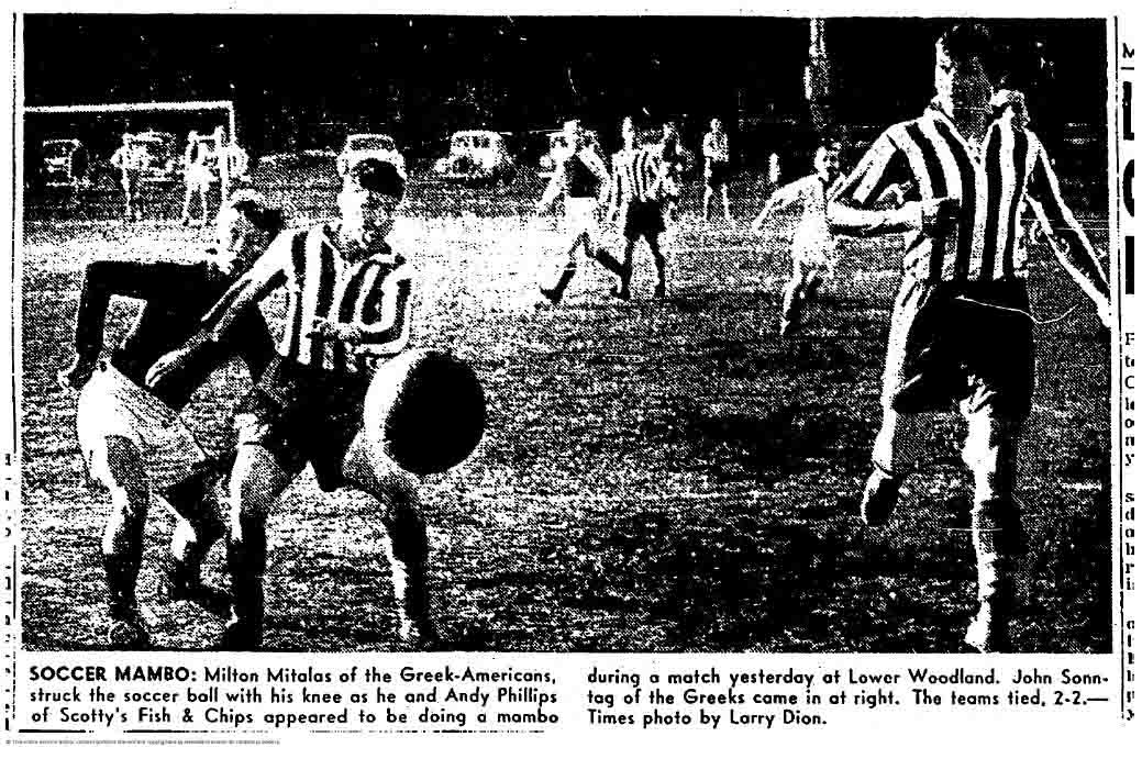 Immediately upon arriving at Lower Woodland the Greek-Americans were recognizable in their striped shirts.  (Courtesy Seattle Times)